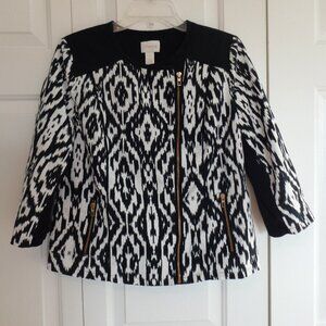 Chicos Womens Ikat Moto Jacket Zip Up Long Sleeve Pockets Black White Size 1 EUC